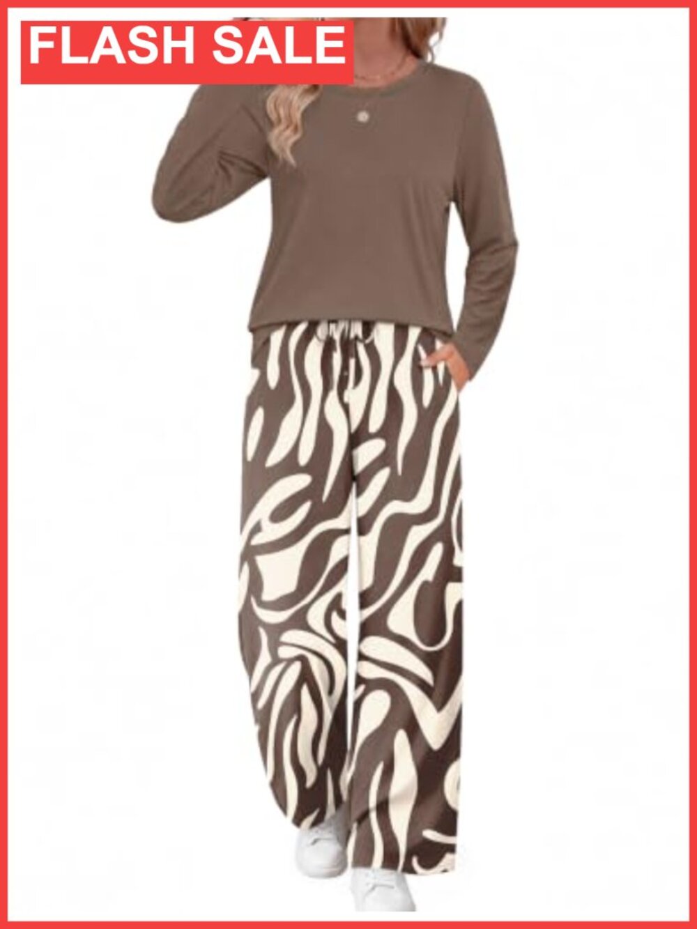 Women's Two Piece Lounge Set Long Sleeve Wide Leg Pants Cozy Travel